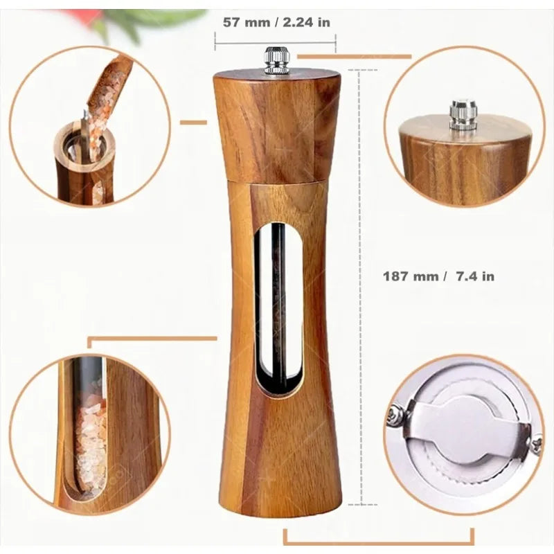 Wood Pepper Grinder Shaker Adjustable Ceramic Core Grinding Bottle with Base Wood Salt Pepper Mills for Kitchen Cooking BBQ
