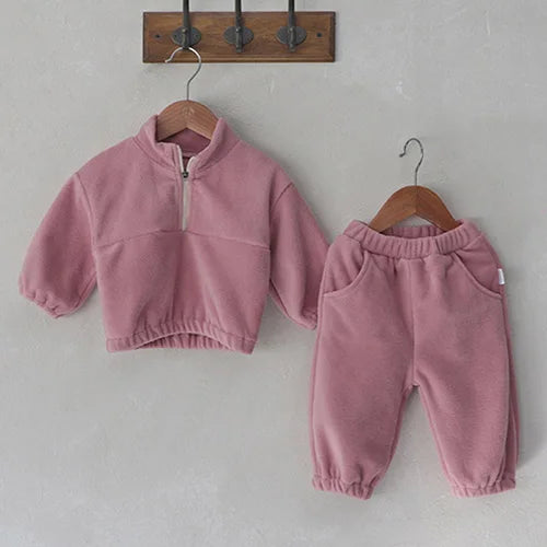 Autumn Winter Toddler Baby Boys Girl Sports Suit Children Clothes Fleece Solid Color Hoodies Suit Infant Boys Girl Outfit 2PCS