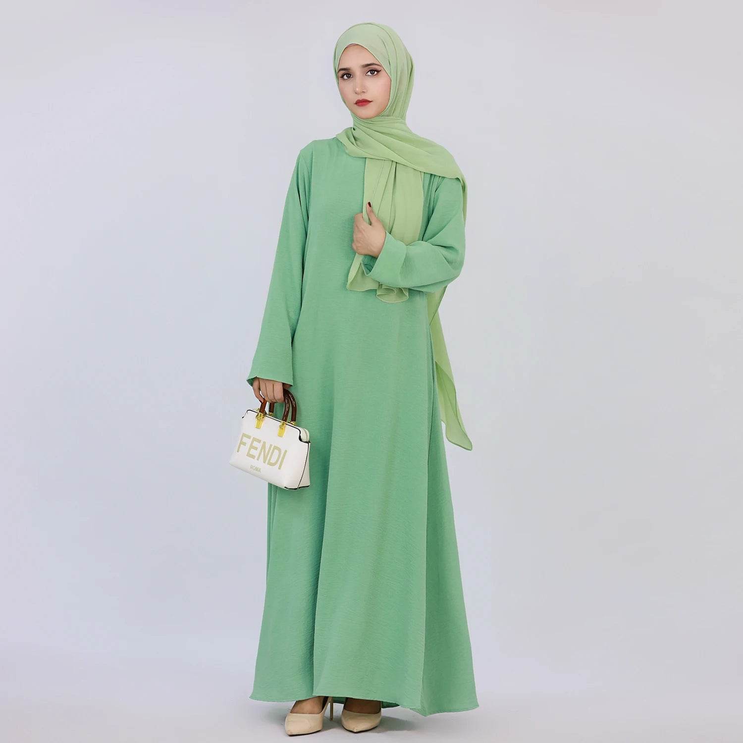 2025 Fashion Simple Muslim Dress Solid Abaya Arab Turkey Dubai Kaftan Modest Long Sleeve Maxi Dress Islamic Clothing LR593 - AIAZ