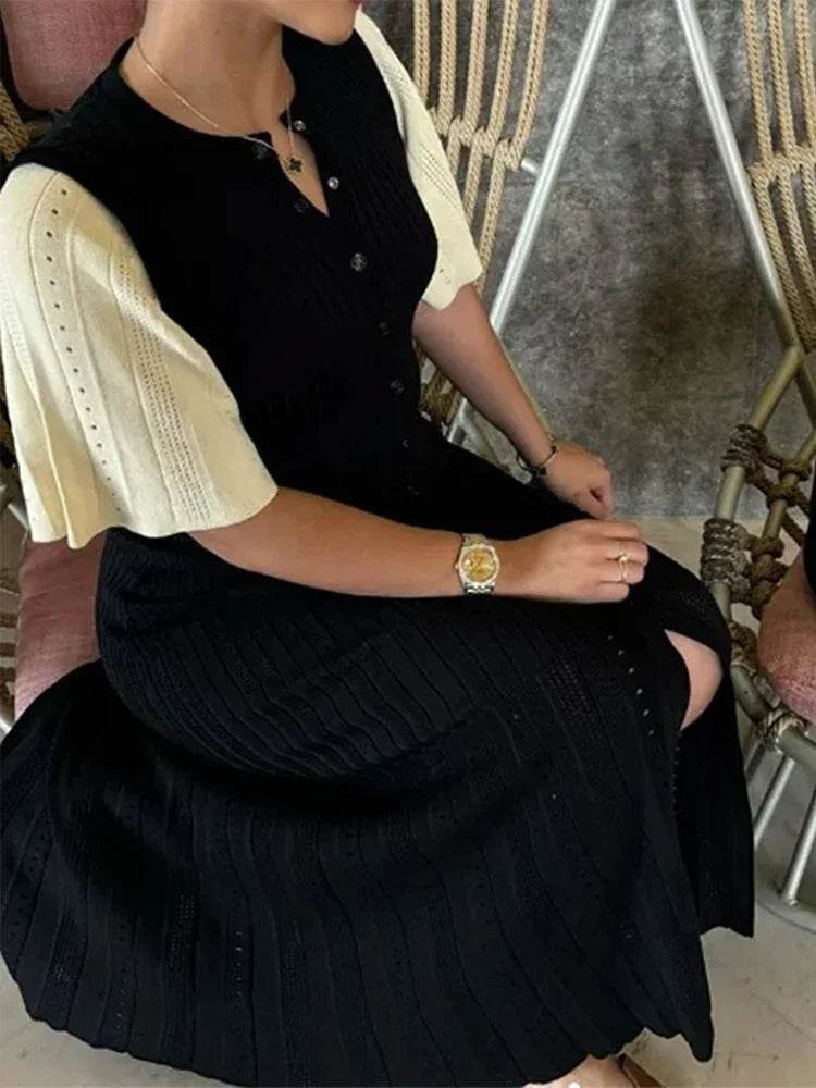 Elegant Knit Dress For Women White Slim O-neck Single Breasted Short Sleeve Long Dresses Female 2025 Spring Fashion Lady Robe - AIAZ