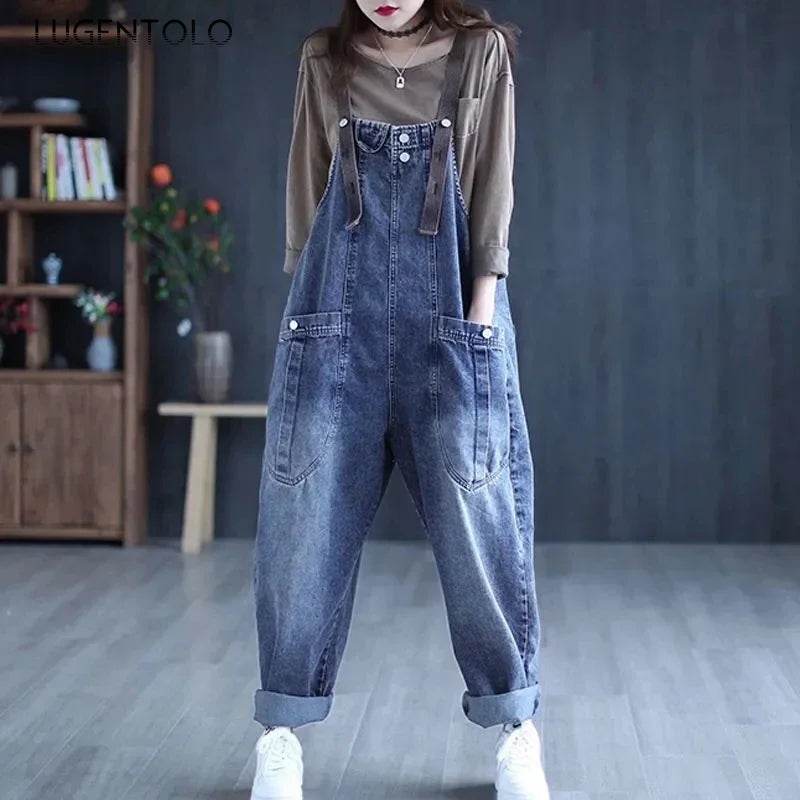 Jumpsuit Women Jeans Rompers New Retro Big Pocket Loose Denim Overalls Fashion Casual Wide-leg Pants Jumpsuits Cloth - AIAZ