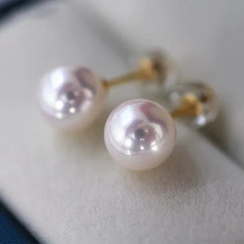 Super Bright Round White Fresh Water Natural AK Pearl Small Bulb Mirror Earrings S925 Sterling Silver Basic Simple Commuting