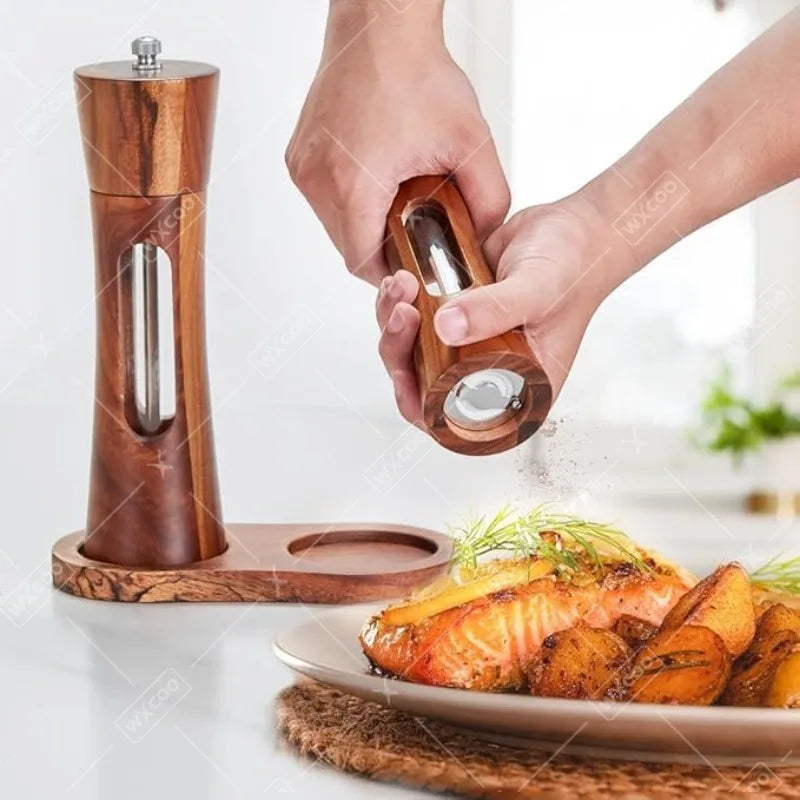 Wood Pepper Grinder Shaker Adjustable Ceramic Core Grinding Bottle with Base Wood Salt Pepper Mills for Kitchen Cooking BBQ