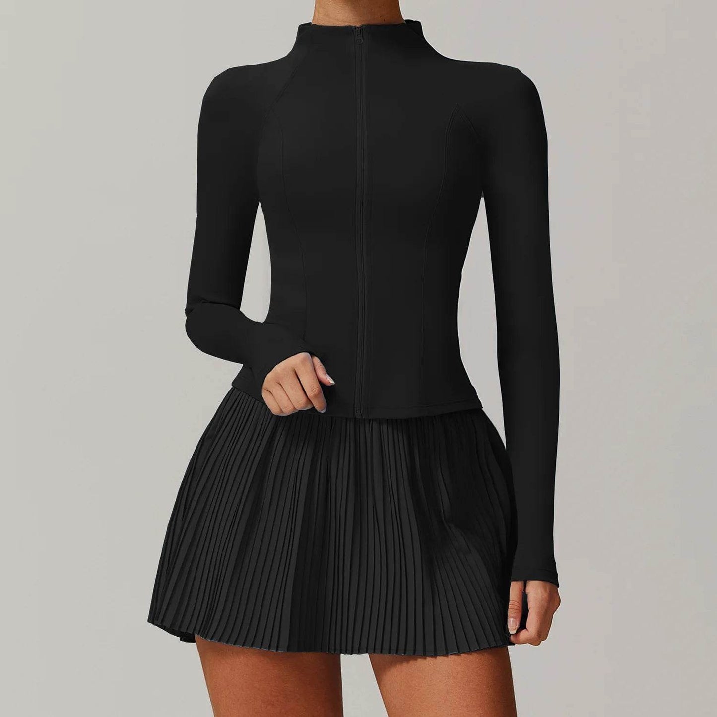 Yoga Sets Workout Sets for Women 2 Pieces Gym Suits Long Sleeved Outfits Zipper Fitness Jacket Running Short Skirt Sportswear - AIAZ