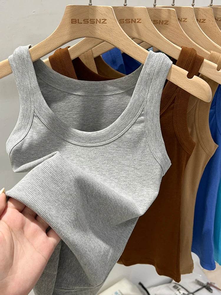 Women Solid Round Neck Ribbed Tank Top Camisole Women 2025 Summer Basic Elastic Tank Top O Neck Solid Tank Top - AIAZ
