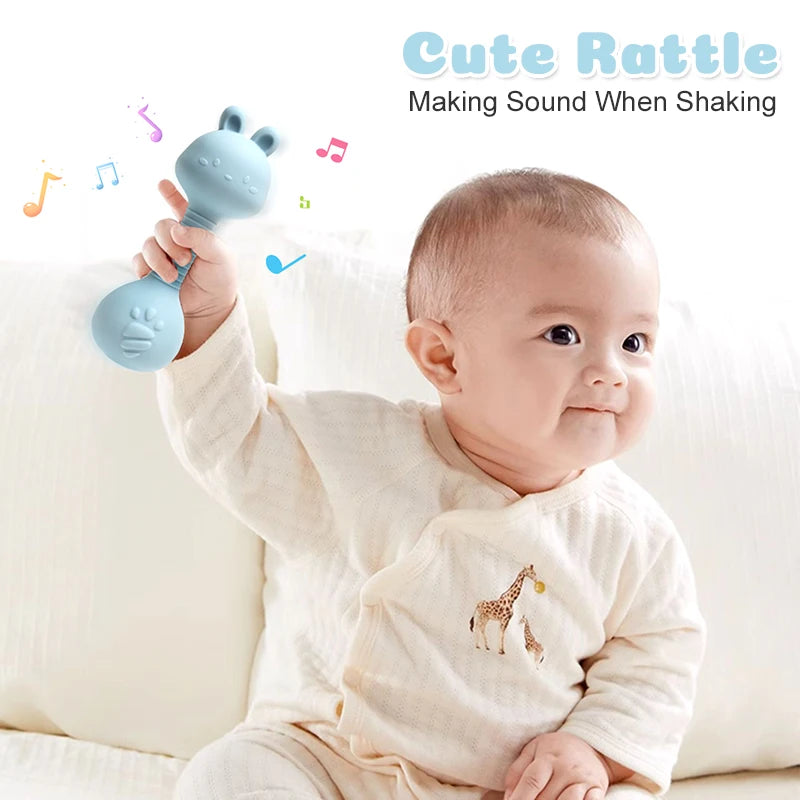 Food-Grade Baby Bunny Silicone Rattle Teether – Dumbbell Shape for Easy Grip, Handheld Toy for Infants
