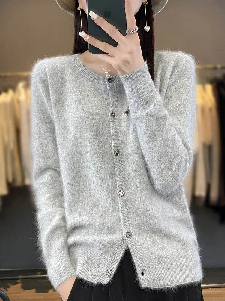 Women's Cardigan 100% Mink Cashmere Sweater,O-Neck Long Sleeve Top,Plus-Size Loose,Spring and Autumn Soft Knitted Jacket Female - AIAZ