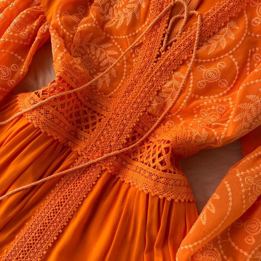 New Women Lantern Sleeved Elegant Dress Summer French Hollowed Out Mid Length Dresses Korean Style Vintage Long Dress - AIAZ