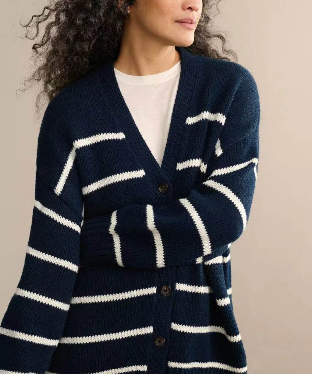 Casual Stripe Knitted Cardigan For Women 2025 Autumn Winter Single Breasted V-Neck Sweater Female Loose Coat - AIAZ