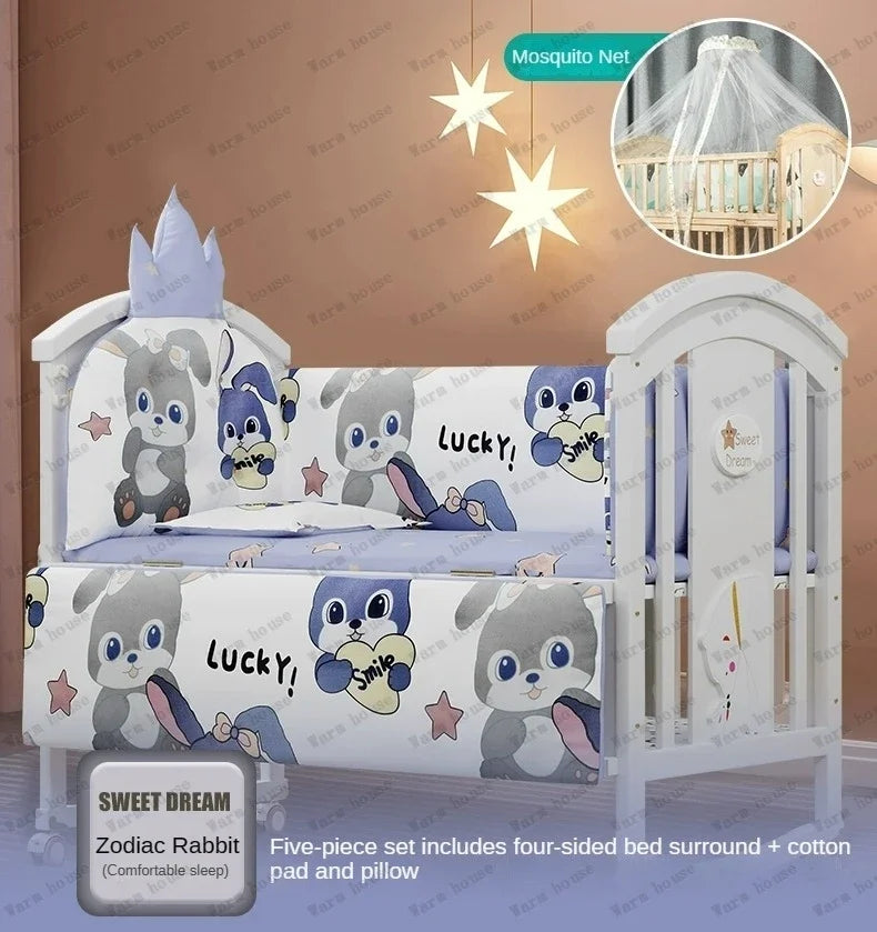 Solid wood spliced crib Multifunctional European style children's bed Movable newborn cradle large bed Baby Rest Chair