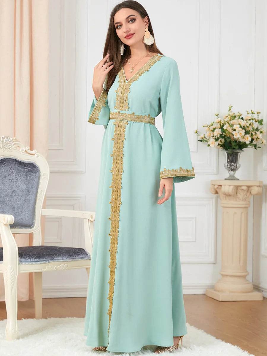 Muslim Women's Clothing Pure Color Splicing Basic Loose Embroidered Long Skirt Long Sleeve Dress - AIAZ