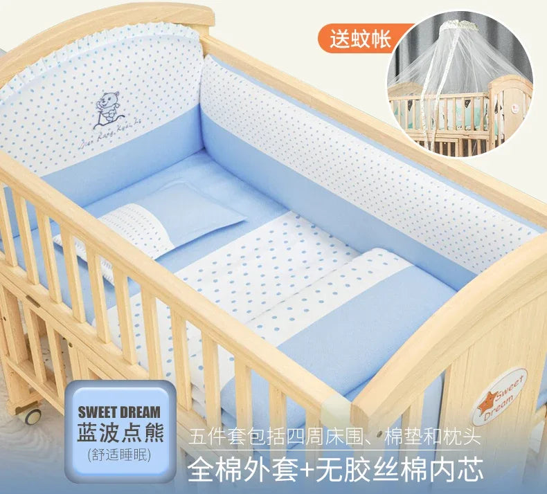 Baby Crib Multifunctional BB Baby Crib Solid Wood Unpainted Cradle Bed Movable Newborn Children Splicing Large Bed
