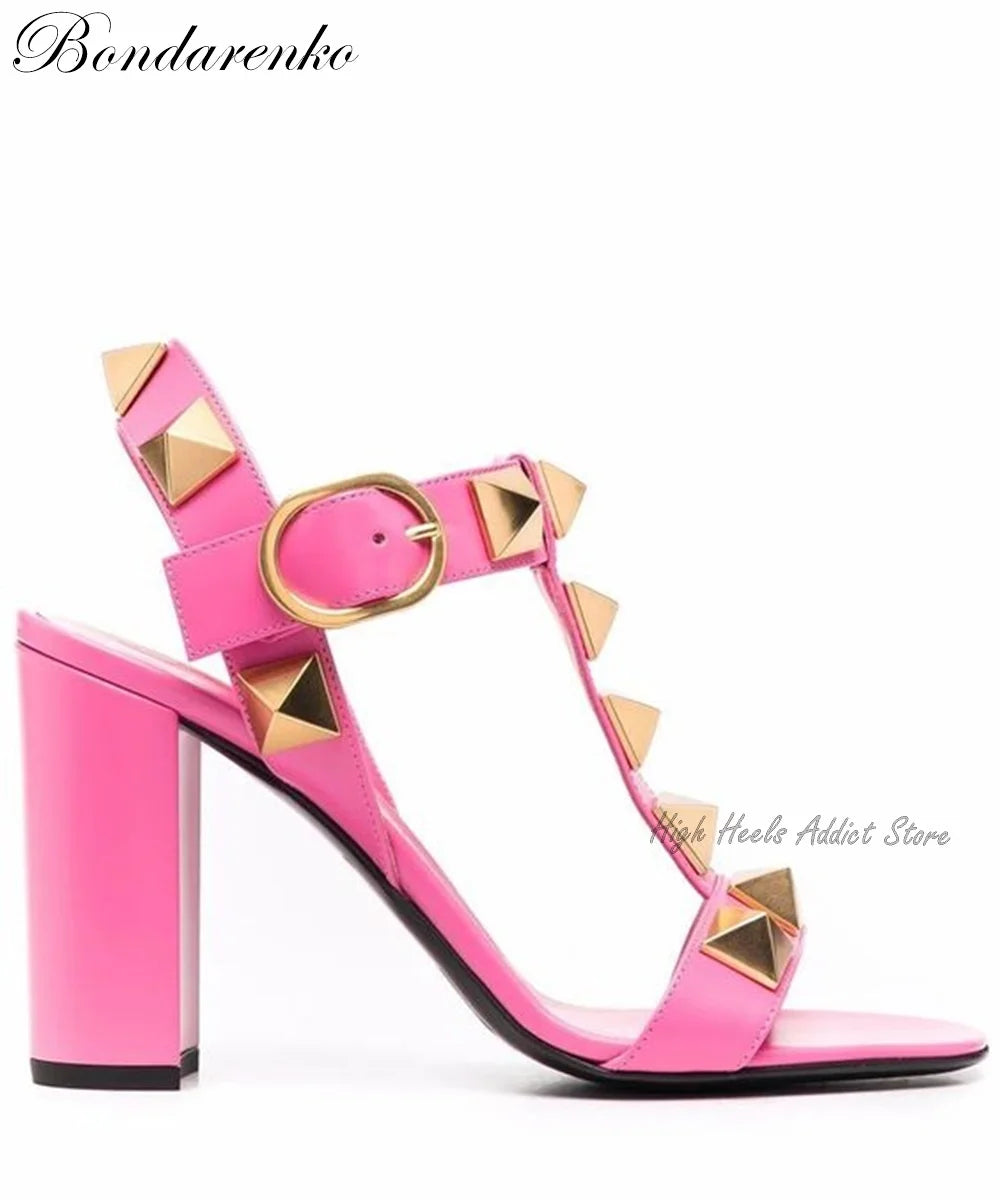 Rockstud Block Heel Leather Sandals Roman Stud Pink Black White Buckled High Heels Summer New Luxury Designer Shoes on Offer