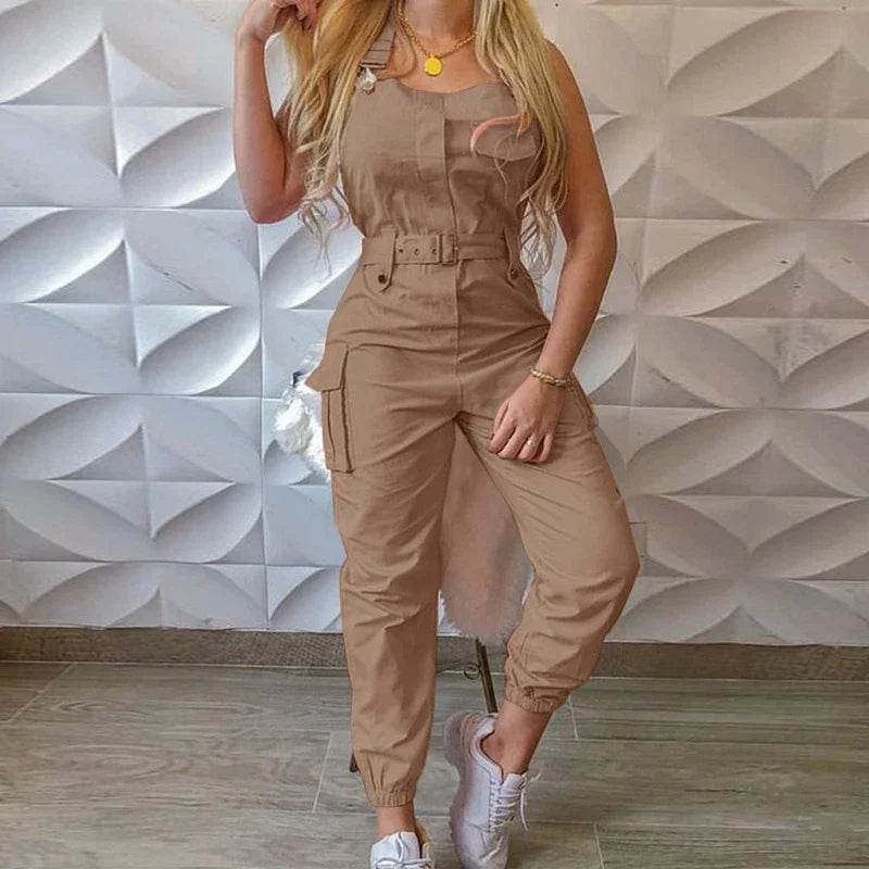 Women's Workwear Jumpsuits Summer Casual Simple Sleeveless Strap High Waist with Belt Fashion Solid Female Bound Feet Jumpsuits - AIAZ