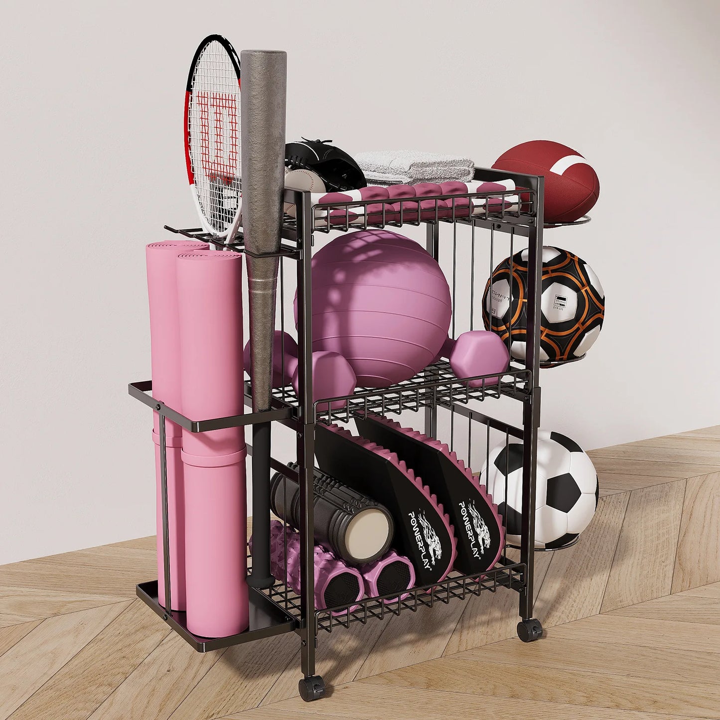 Disassemble and Assemble Sports Equipment Rack Universal Roller Design Basketball Yoga Mat Fitness Equipment Storage Basket