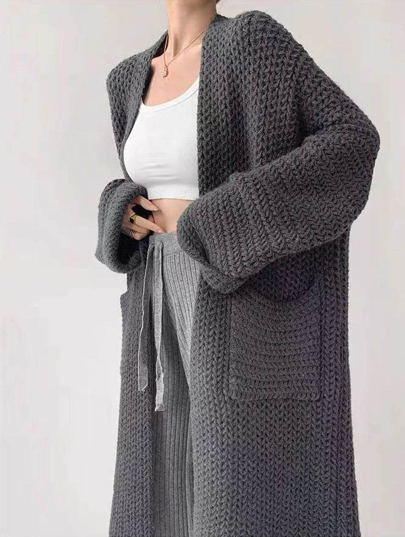 Korean Cardigan Sweater for Women Autumn Winter Loose Lazy Style Female Midi Knit Coats Fashion V Neck Casual Big Pocket Jumpers - AIAZ