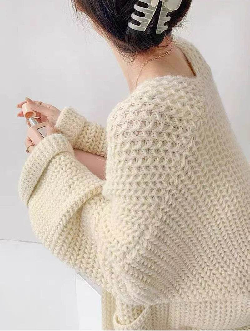 Korean Cardigan Sweater for Women Autumn Winter Loose Lazy Style Female Midi Knit Coats Fashion V Neck Casual Big Pocket Jumpers - AIAZ