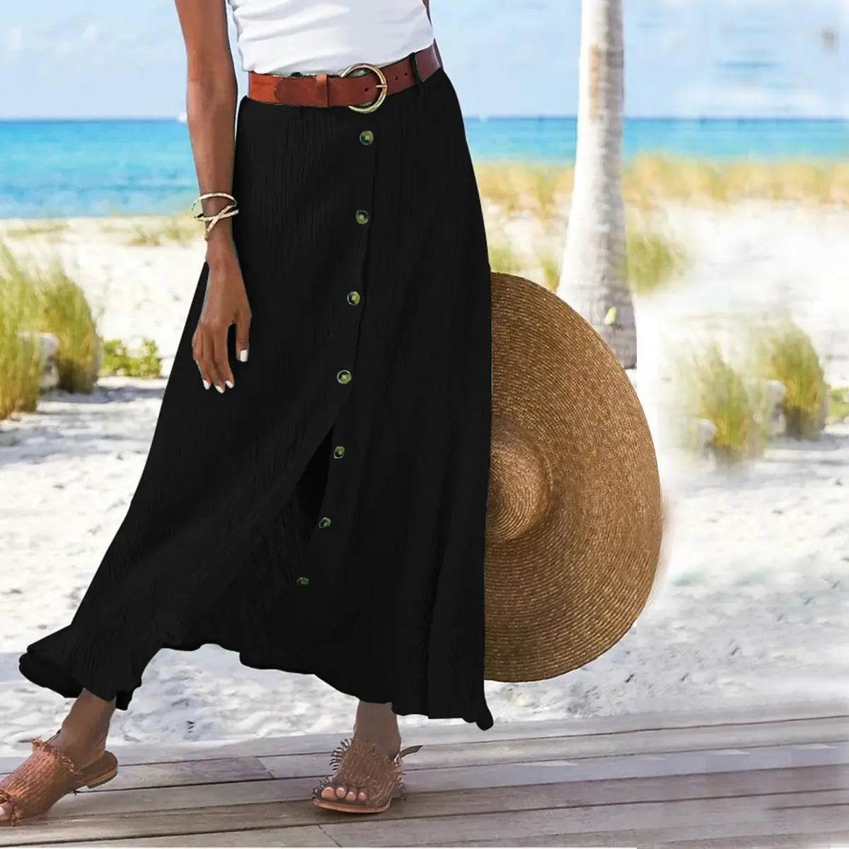 Women Skirt 2025 Spring Summer New Fashion Casual Cotton And Linen Solid Color Buttons Skirt Split A- Line Hip Waist Long Skirt - AIAZ