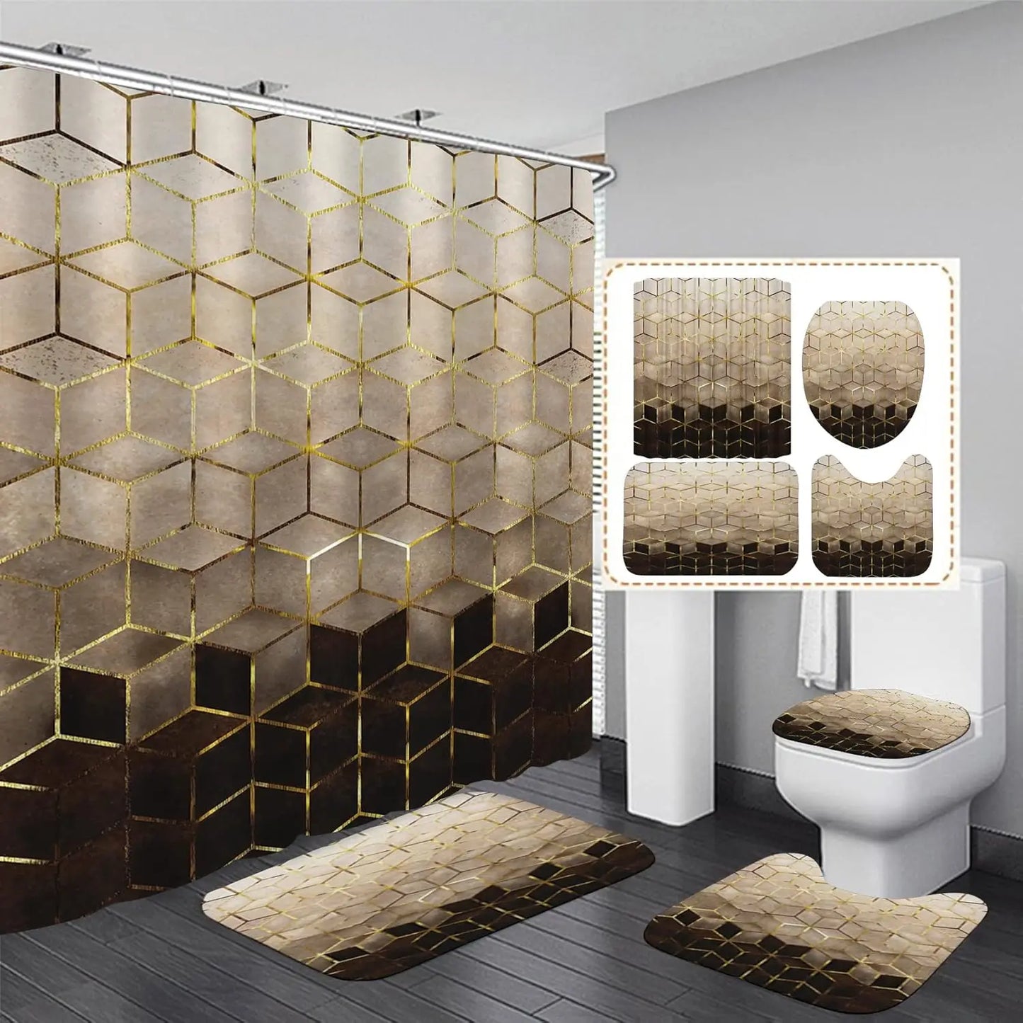 4Pcs Brown Gradient Shower Curtain Set, Modern Geometric Shower Curtain Set Golden Cubic Lines Bathroom Set Texture Art Bath Acc