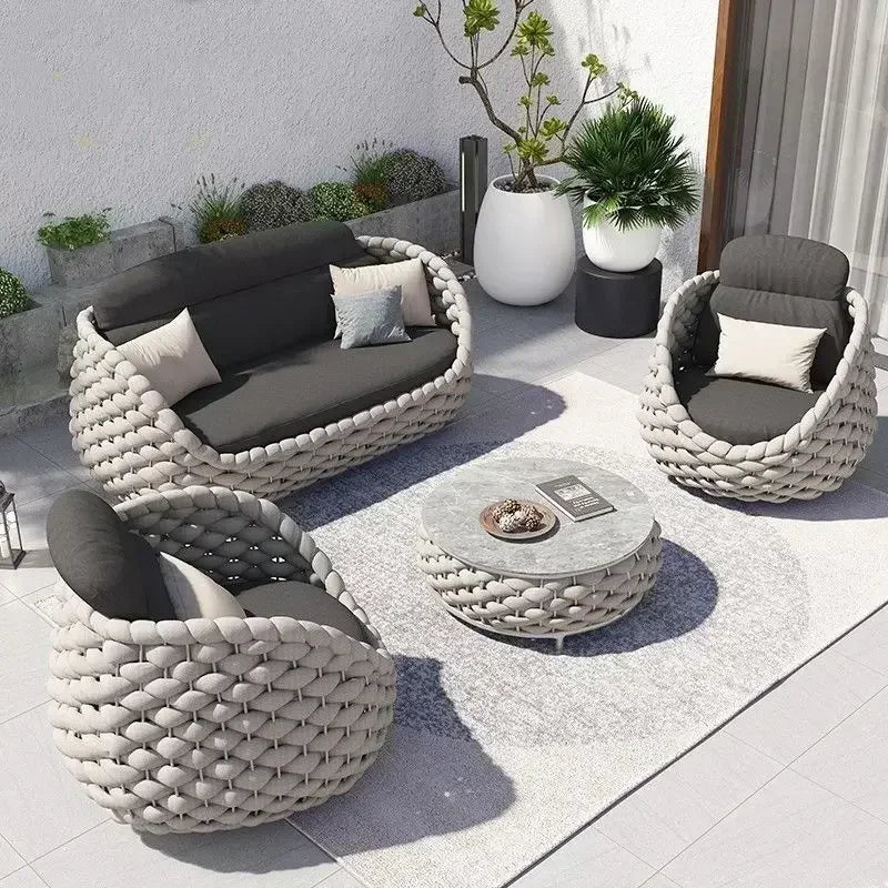Outdoor Rattan Sofa Set, 2-Seat Patio Furniture for Balcony, Terrace, Villa or Courtyard, All-Weather Wicker Lounge Chair Combo