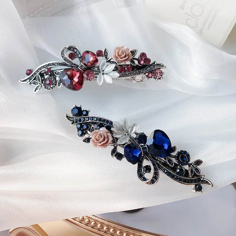 Red Crystal Flower Bow Spring Hairpin Vintage Ink Blue Rhinestone Horizontal Clip Top Clip Elegant Mom Fashion Hairpin Korean