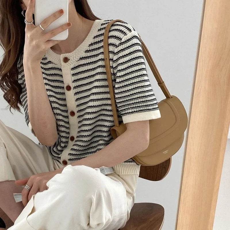 Cardigan Women Summer Breathable Elegant Striped Trendy New Single Breasted Short Sleeve Knitted Jumpers Female O-neck Tender BF - AIAZ