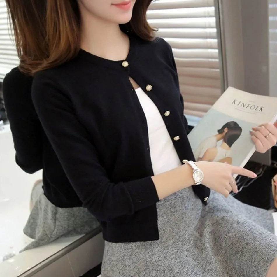 Cardigan Women's Thin Spring Autumn with Neck Slim-fit Shirt Short Top Solid Color Sweater Small Coat Cardigan White Cardigan - AIAZ
