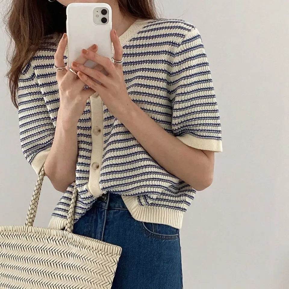 Cardigan Women Summer Breathable Elegant Striped Trendy New Single Breasted Short Sleeve Knitted Jumpers Female O-neck Tender BF - AIAZ