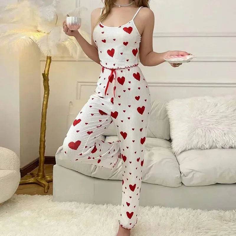 Women Sleepwear Autumn Winter Pajamas Sets Heart Print Sleeveless Cami Vest with Long Pants Trouser Set Sexy Lingerie Pyjamas - AIAZ