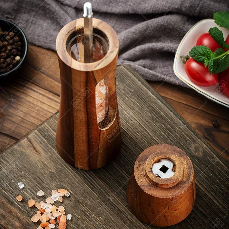 Wood Pepper Grinder Shaker Adjustable Ceramic Core Grinding Bottle with Base Wood Salt Pepper Mills for Kitchen Cooking BBQ