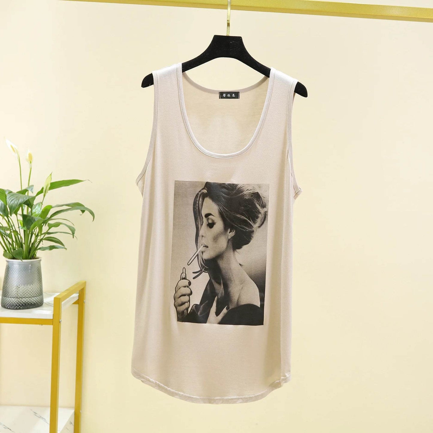 Women Long Tank Tops O-Neck Fashion Print Beauty's Head Casual Loose sleeveless T-shirt streetwear camis tops - AIAZ