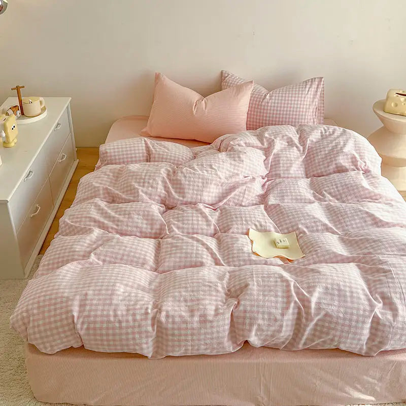 Pink Duvet Cover Set Classic Plaid Twin Queen Size Girls Boys Flat Sheet Pillowcase No Filler Soft Home Decor Bedding Set