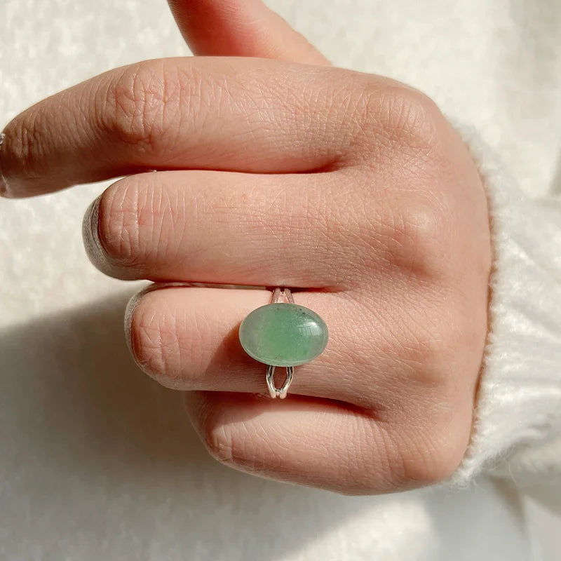 Cabochon Natural Stone Ring 10*14MM Oval Agates Turquois Quartzs Gem Finger Ring Silver Color Adjustable Open Rings Jewelry Gift