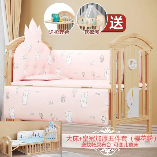 Baby Crib Multifunctional BB Baby Crib Solid Wood Unpainted Cradle Bed Movable Newborn Children Splicing Large Bed