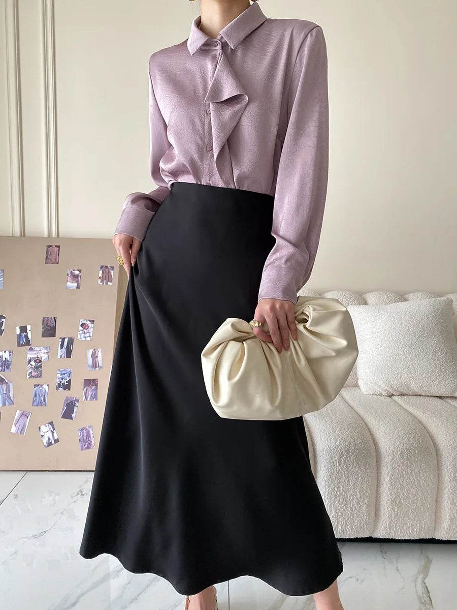 High Waisted Satin Long Skirts for Women Spring/Summer New 2025 Women's Skirt A-line Fashion Elegant Slim Fit Grey Black Skirt - AIAZ