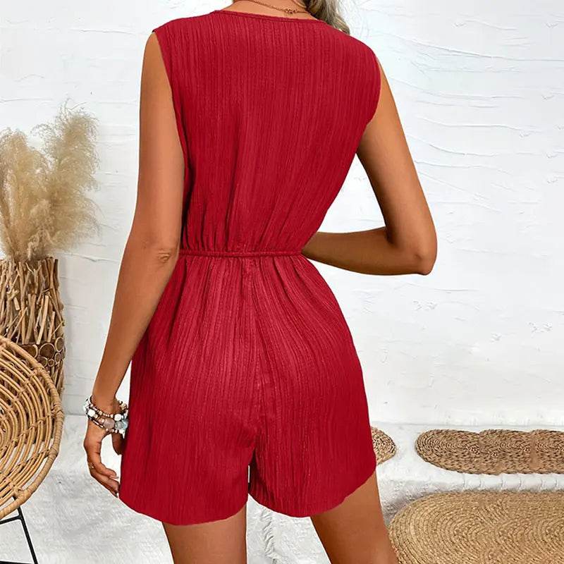 Jump Suit Women's Casual V-neck Monochromatic Jumpsuit Five-Point Shorts European and American Summer New Overalls Playsuits - AIAZ