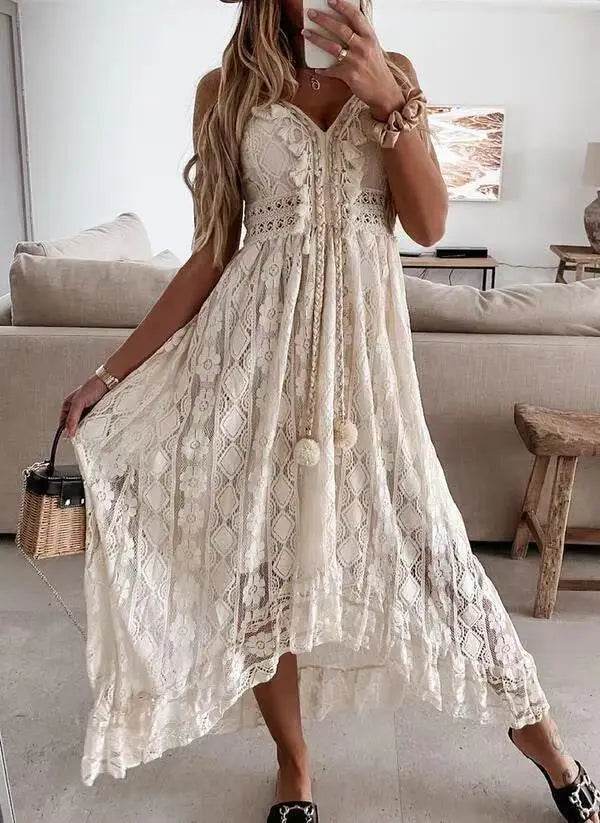 Women's Dress White Hollow Out Cotton Sundress Lace Sleeveless Long Splicing Summer Party Elegant Evening Woman Skirt Clothing - AIAZ