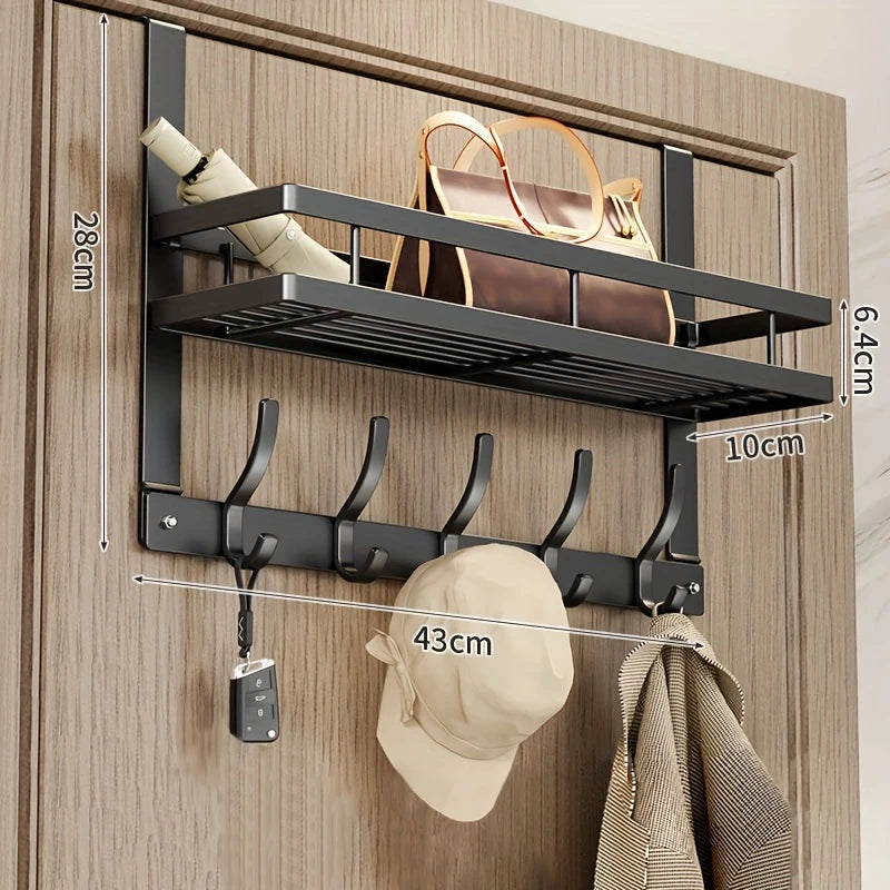 5 Hooks Sleek Over the Door Hanging Organizer with Storage Rack No-Drill Metal Door Hook for Bedroom Space-Saving Organizer