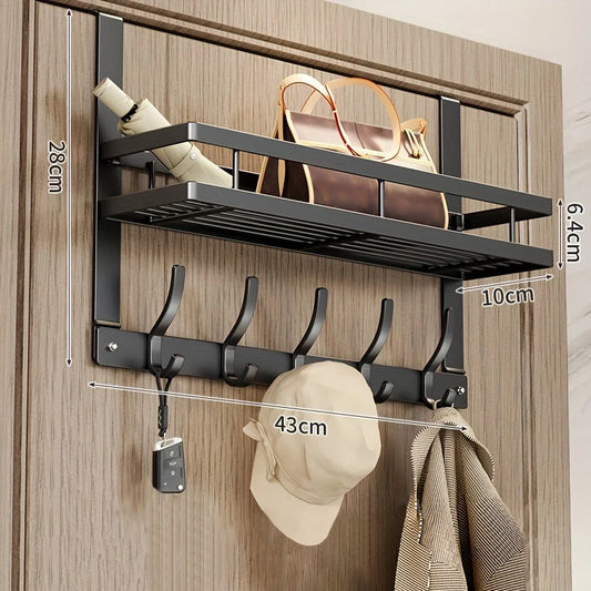 5 Hooks Sleek Over the Door Hanging Organizer with Storage Rack No-Drill Metal Door Hook for Bedroom Space-Saving Organizer