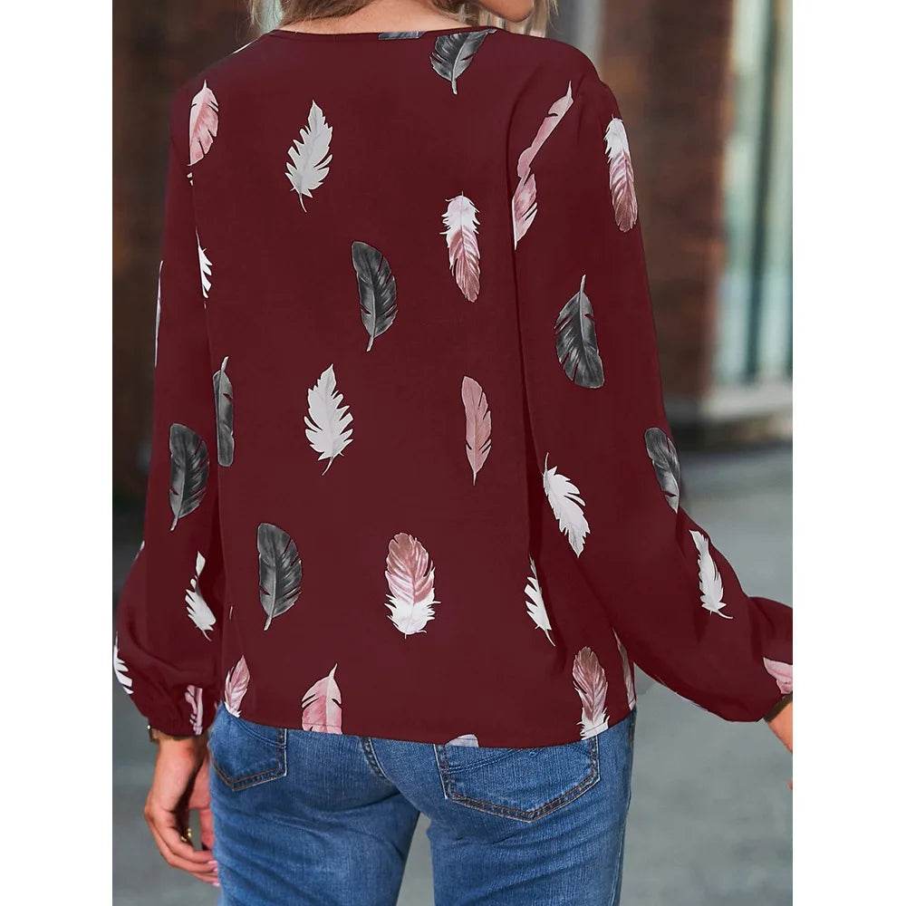 Fashion Woman Blouse Shirts For Women Stylish Top long Sleeve Feather Pattern Female Tops Elegant Chiffon Mujer Woman Clothes - AIAZ