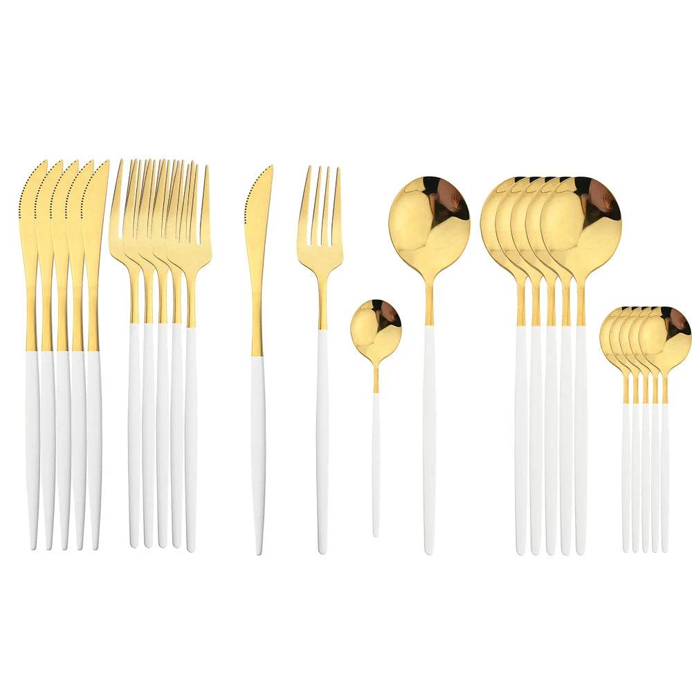 24Pcs Black Handle Golden Cutlery Set Stainless Steel Knife Fork Spoon Tableware Flatware Set Festival Kitchen Dinnerware Gift - AIAZ