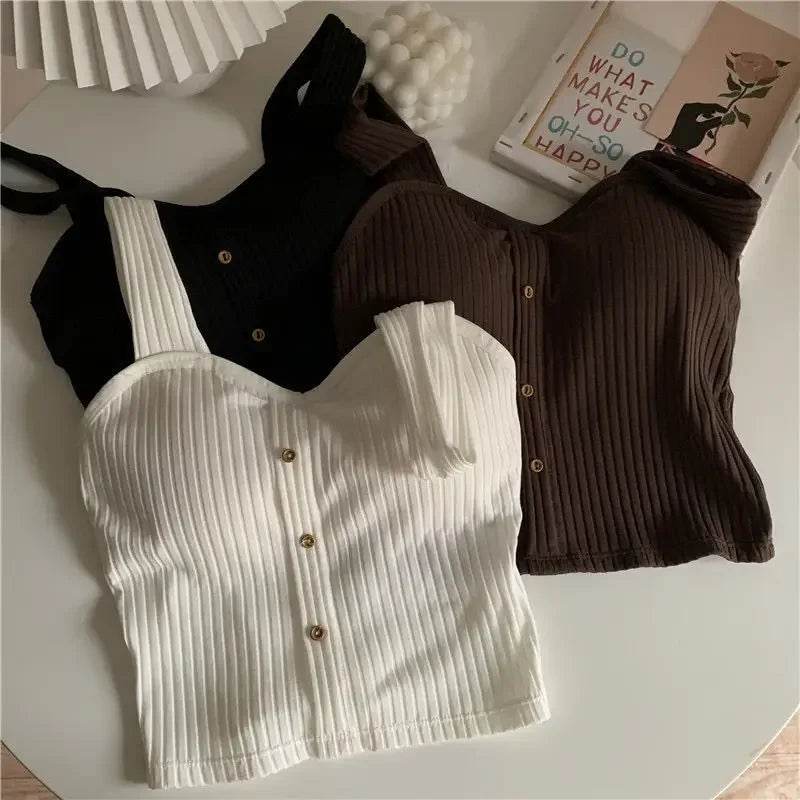 Women's Cropped Tops with Bra Pads Summer Corset Korean Suspenders Vest Sexy Camisole Slim - AIAZ