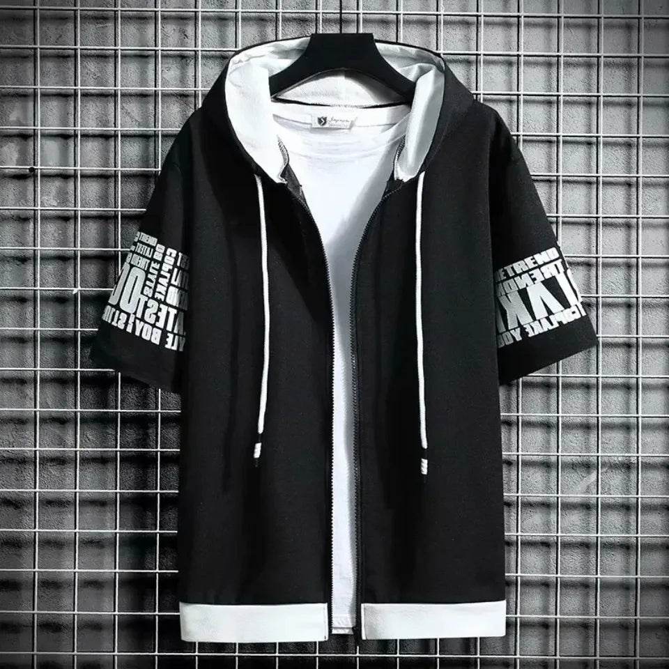 Fashion Men's Hoodies Summer Men Clothing T-shirt Zipper Hood Cartoon Casual T Shirt Print Hooded Top Short Sleeve Men - AIAZ