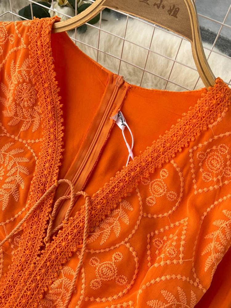 New Women Lantern Sleeved Elegant Dress Summer French Hollowed Out Mid Length Dresses Korean Style Vintage Long Dress - AIAZ