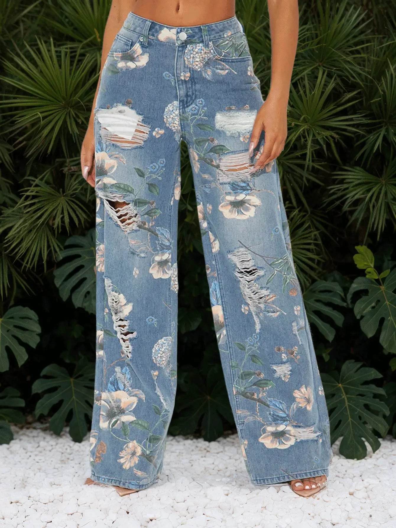 Women's Printed Straight-Leg Distressed Denim Jeans - Trendy Ripped Design for Casual Style - AIAZ