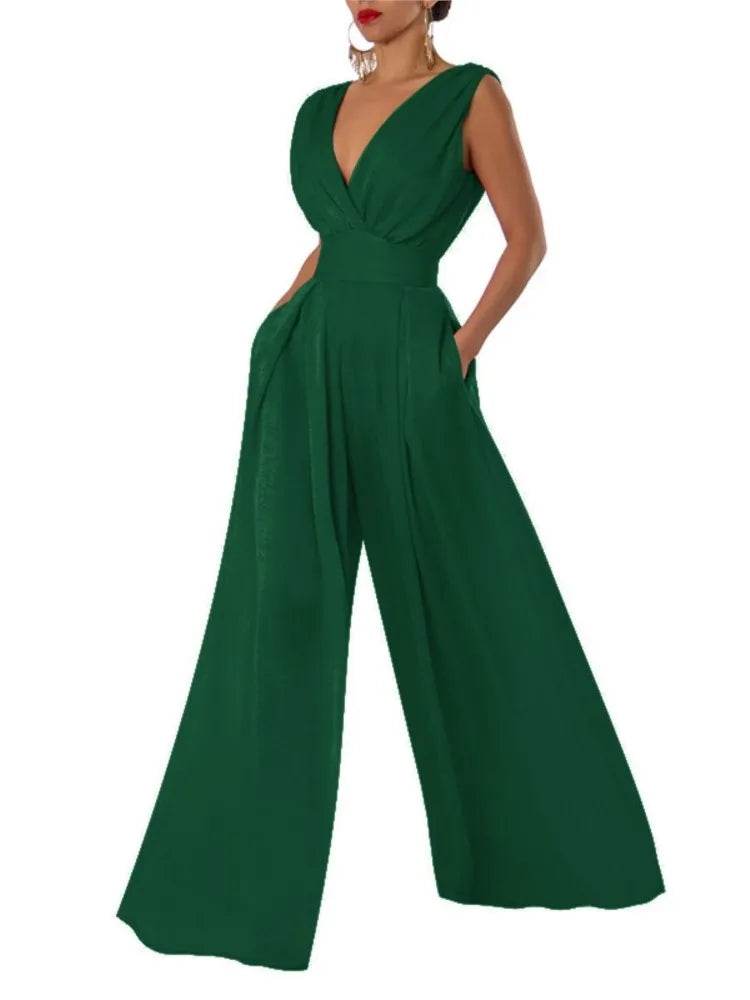 Jumpsuit Women Summer New Sleeveless Sexy Deep V-neck Solid Color High Waist Wide Leg Jumpsuits Elegant Commuting Lady Playsuits - AIAZ