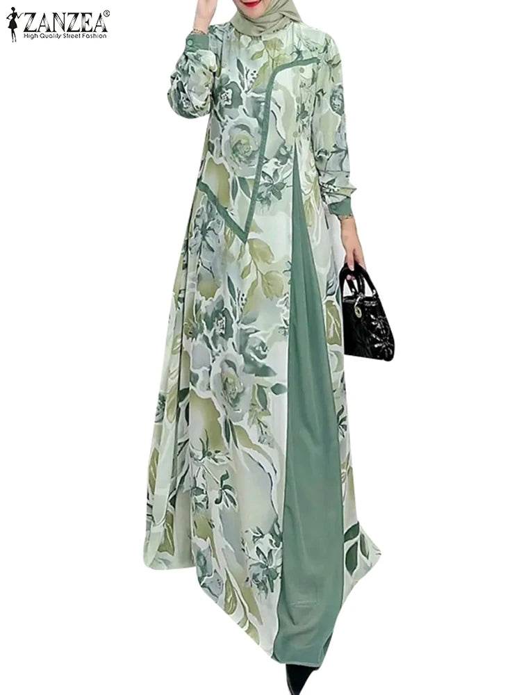 ZANZEA Muslim Fashion Floral Print Maxi Dress Women Elegant Fake Two-Piece Patchwork Abaya Vestidos Islamic Long Sleeve Robes - AIAZ