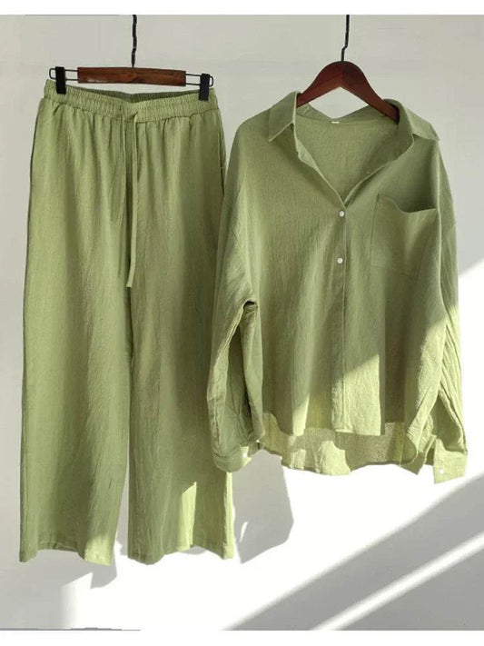 Pants Set Women Shirts Wide Leg Elastic Waist Cotton Linen Casual Sets Elegant Loose Long Sleeve Lapel Spring Shirt Y2k Suit - AIAZ