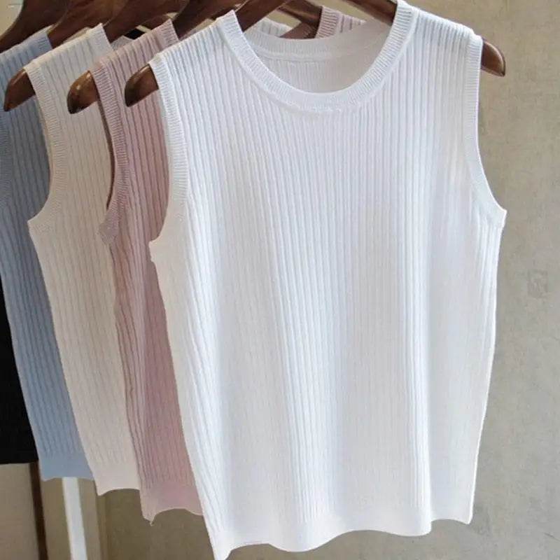 2025 Summer New Fashion Knitted Vests O-neck Sleeveless Casual Thin Tops Sleeveless Blouse Women Shirt - AIAZ