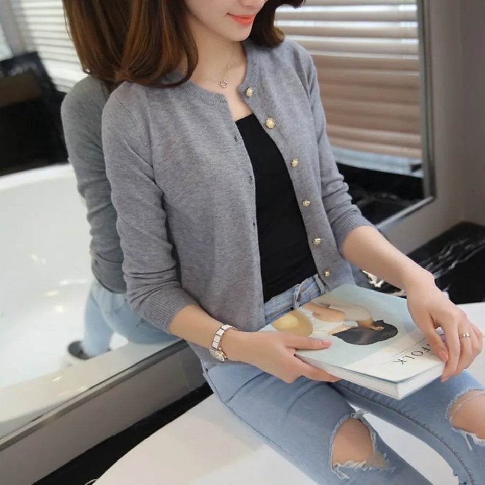 Cardigan Women's Thin Spring Autumn with Neck Slim-fit Shirt Short Top Solid Color Sweater Small Coat Cardigan White Cardigan - AIAZ